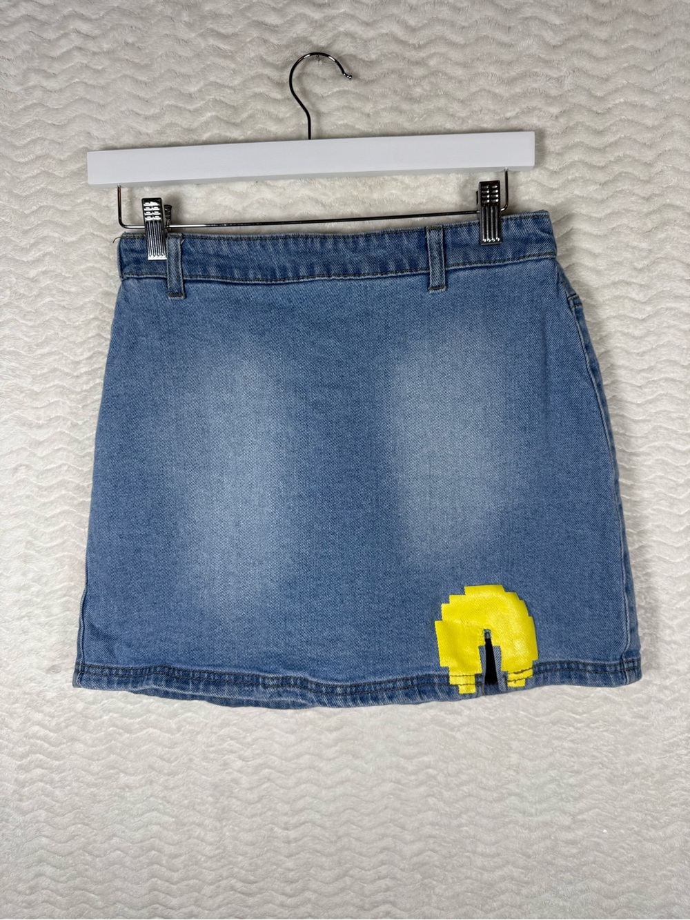 Justice Blue Denim Skirt with Yellow Pixel Patch
